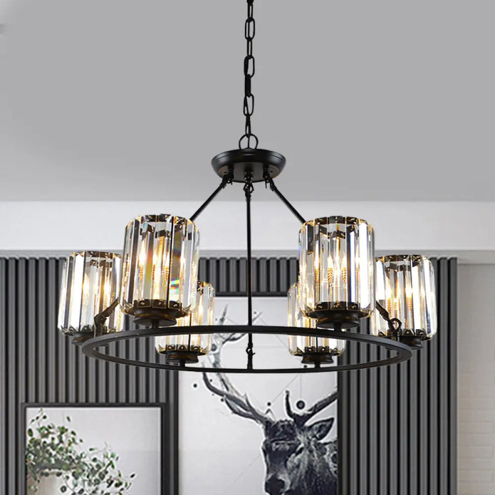 Modern Ring Crystal Chandelier With Clear Cylinder Shade - 6 Or 8 Bulbs Black Suspension Lamp /