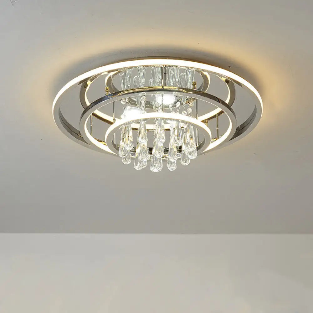 Modern Rings Led Semi Flush Ceiling Light With Crystal Strands - Chrome Finish