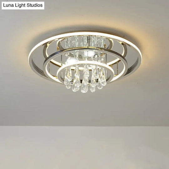 Modern Rings Led Semi Flush Ceiling Light With Crystal Strands - Chrome Finish