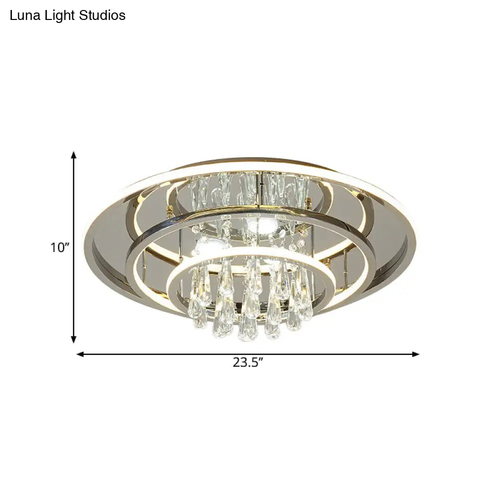 Modern Rings Led Semi Flush Ceiling Light With Crystal Strands - Chrome Finish