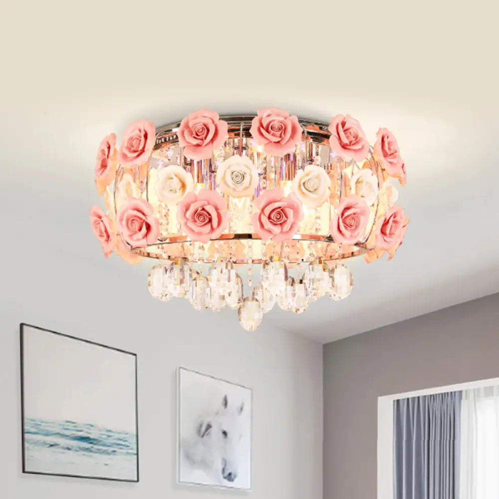 Modern Romantic Crystal Flush Mount Chandelier - Pink Blooming Rose Ceiling Light 8 - Bulb