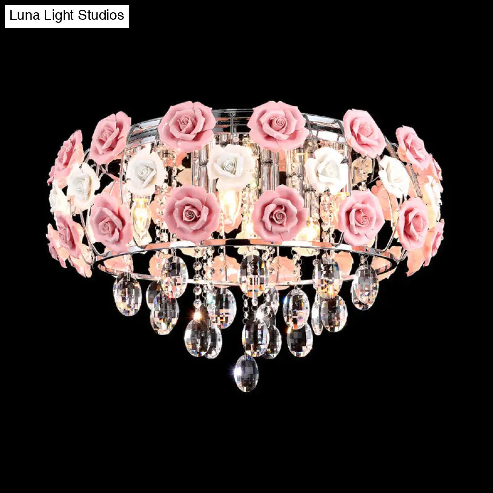 Modern Romantic Crystal Flush Mount Chandelier - Pink Blooming Rose Ceiling Light 8 - Bulb