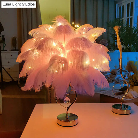 Modern Romantic Pink/White Led Nightstand Lamp With K9 Crystal Drop - Palm Tree Feather Table