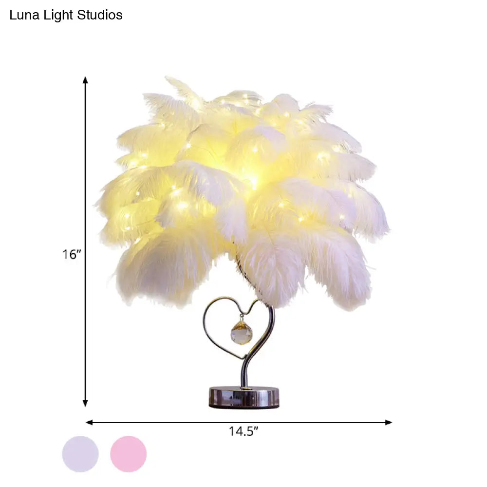 Modern Romantic Pink/White Led Nightstand Lamp With K9 Crystal Drop - Palm Tree Feather Table