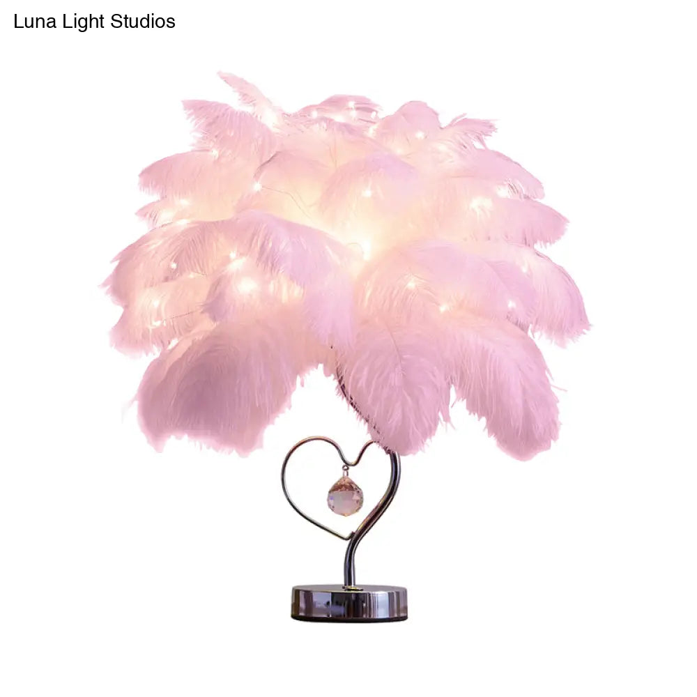 Modern Romantic Pink/White Led Nightstand Lamp With K9 Crystal Drop - Palm Tree Feather Table