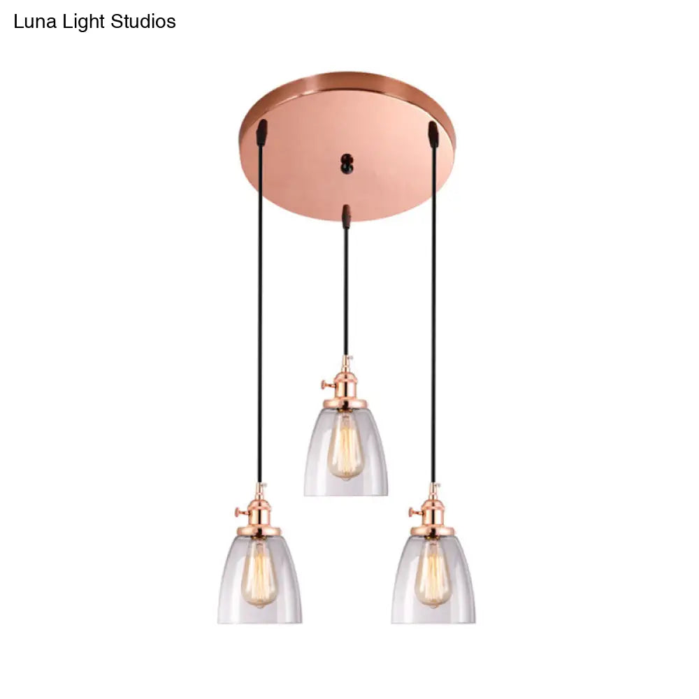 Modern Rose Gold Cone Pendant Light With Clear Glass Shades - 3-Light Dining Room Hanging Lamp