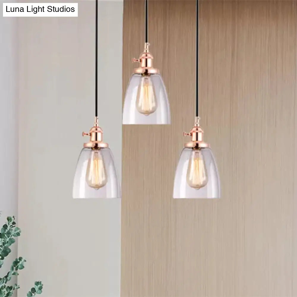 Modern Rose Gold Cone Pendant Light With Clear Glass - Ideal For Dining Room 3-Light Hanging Lamp