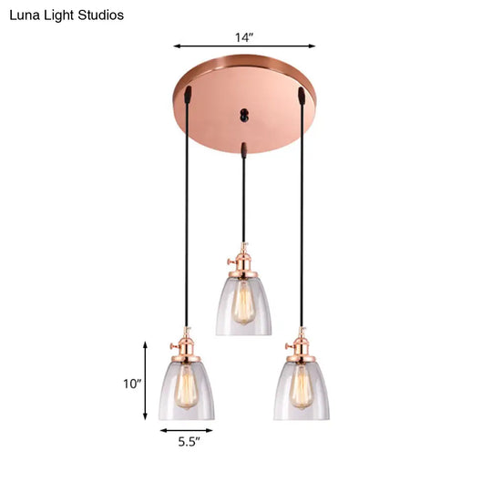 Modern Rose Gold Cone Pendant Light With Clear Glass Shades - 3-Light Dining Room Hanging Lamp