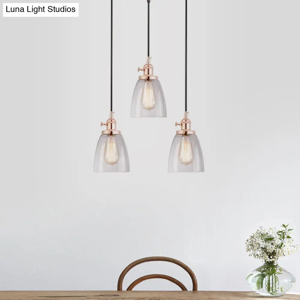 Modern Rose Gold Cone Pendant Light With Clear Glass Shades - 3-Light Dining Room Hanging Lamp