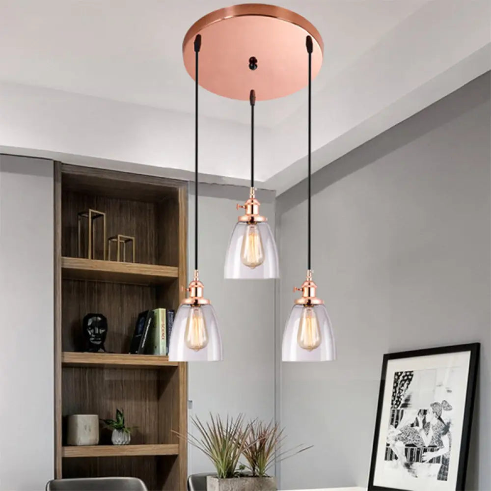 Modern Rose Gold Cone Pendant Light With Clear Glass Shades - 3-Light Dining Room Hanging Lamp /