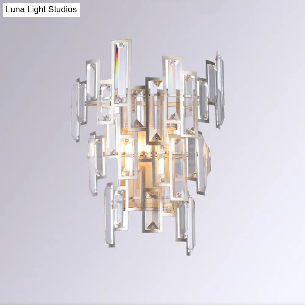 Modern Rose Gold Crystal Wall Sconce With Rectangular-Cut Tier Design For Dining Room