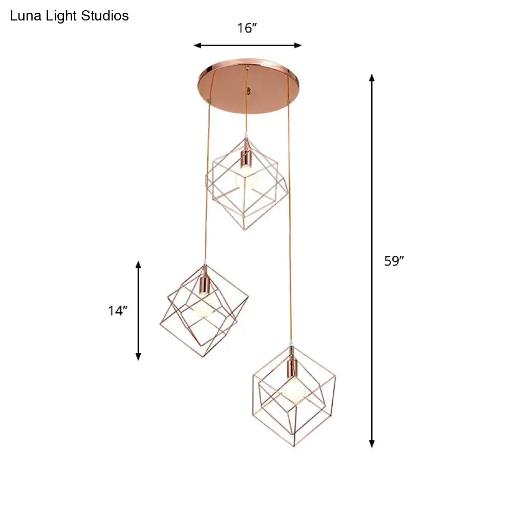 Modern Rose Gold Cube Cage Ceiling Light With 3 Bulbs And Round Canopy