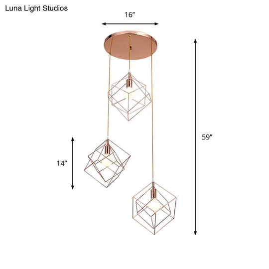 Modern Rose Gold Cube Cage Ceiling Light With 3 Bulbs And Round Canopy