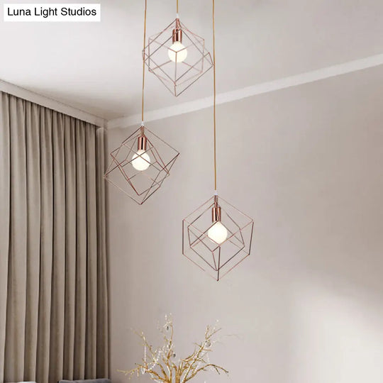 Modern Rose Gold Cube Cage Ceiling Light With 3 Bulbs And Round Canopy