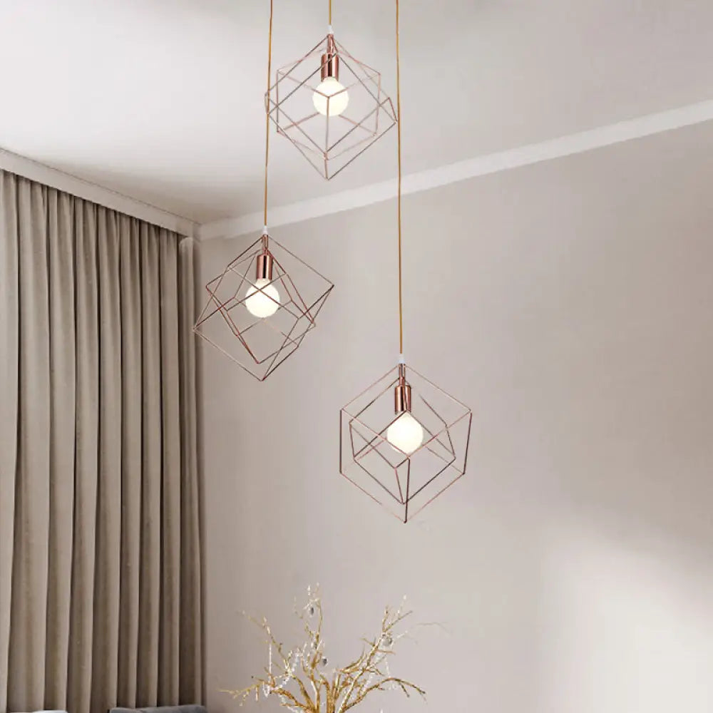 Modern Rose Gold Cube Cage Ceiling Light With 3 Bulbs And Round Canopy
