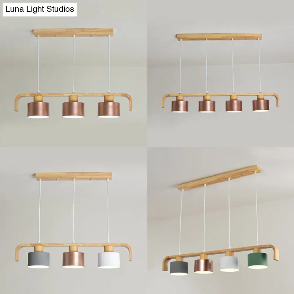 Modern Rose Gold Drum Island Chandelier With Multicolored Wood Accent - 3/4 Head Hanging Light For