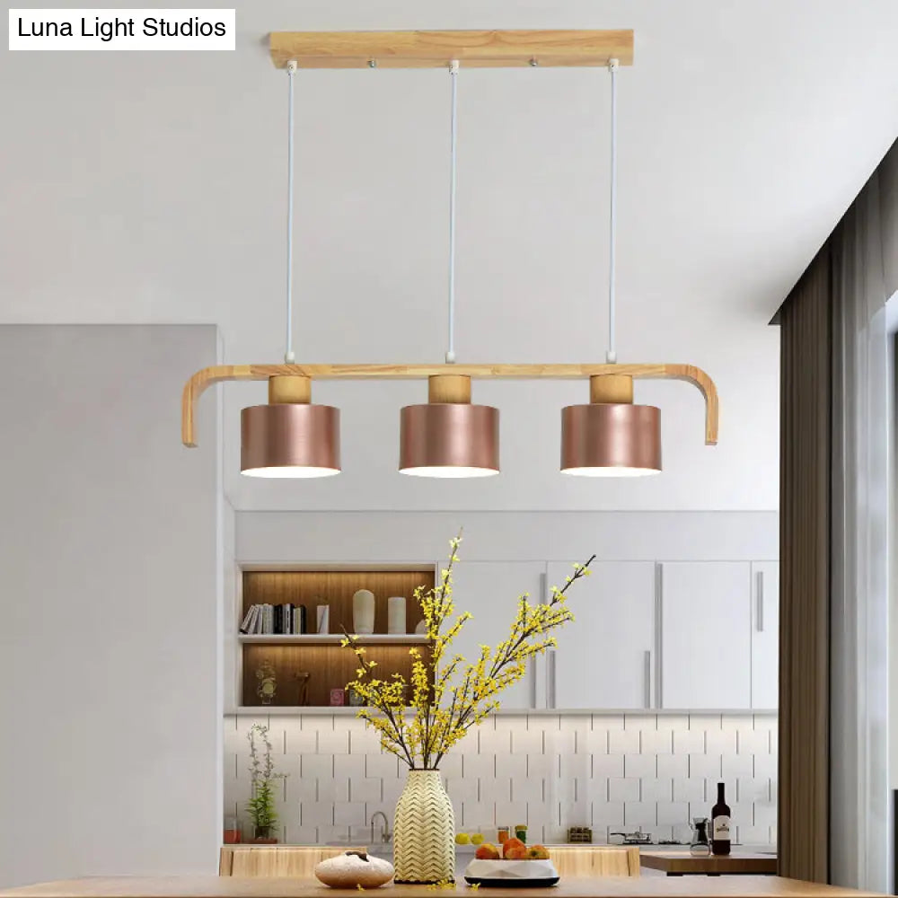 Modern Rose Gold Drum Island Chandelier With Multicolored Wood Accent - 3/4 Head Hanging Light For