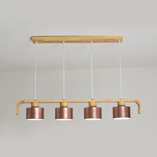 Modern Rose Gold Drum Island Chandelier With Multicolored Wood Accent - 3/4 Head Hanging Light For