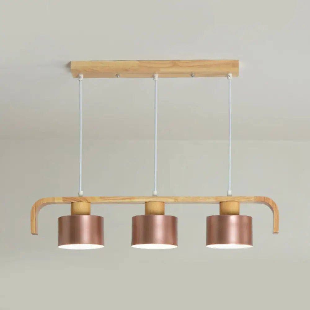 Modern Rose Gold Drum Island Chandelier With Multicolored Wood Accent - 3/4 Head Hanging Light For