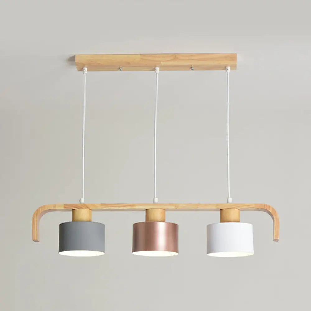 Modern Rose Gold Drum Island Chandelier With Multicolored Wood Accent - 3/4 Head Hanging Light For