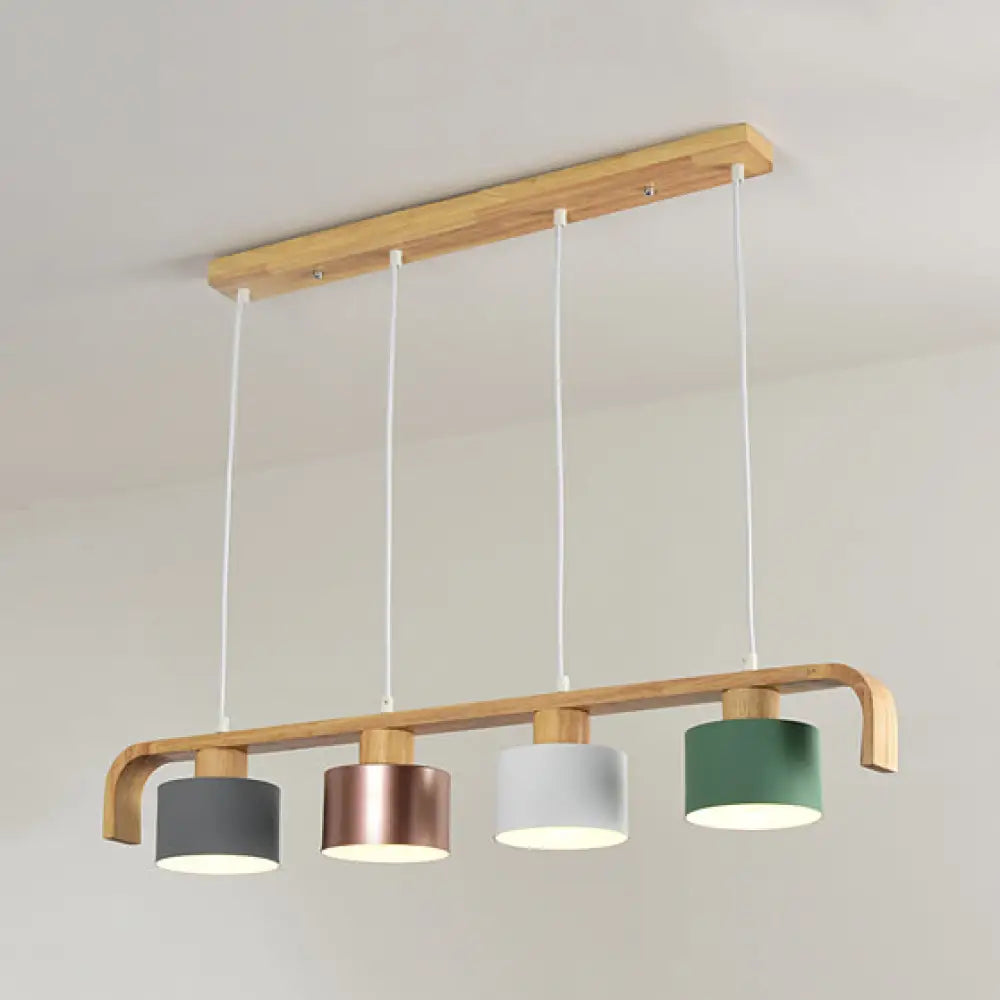 Modern Rose Gold Drum Island Chandelier With Multicolored Wood Accent - 3/4 Head Hanging Light For