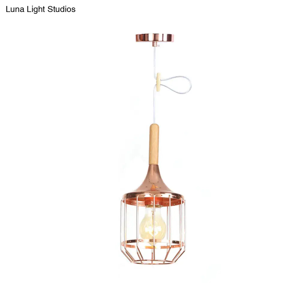 Modern Rose Gold Drum Pendant Light With Metal Cage For Corridor