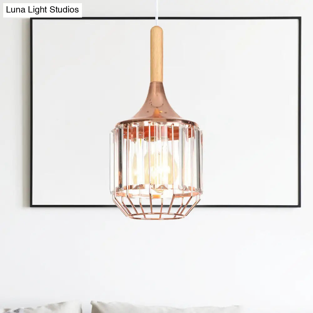 Drum Ceiling Pendant - Rose Gold & Metal Cage; Modern 1 Light Hanging For Corridor