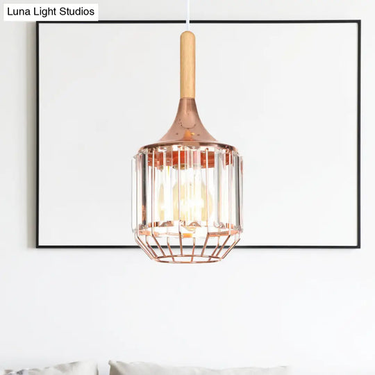 Drum Ceiling Pendant - Rose Gold & Metal Cage; Modern 1 Light Hanging For Corridor