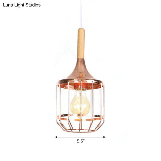 Drum Ceiling Pendant - Rose Gold & Metal Cage; Modern 1 Light Hanging For Corridor