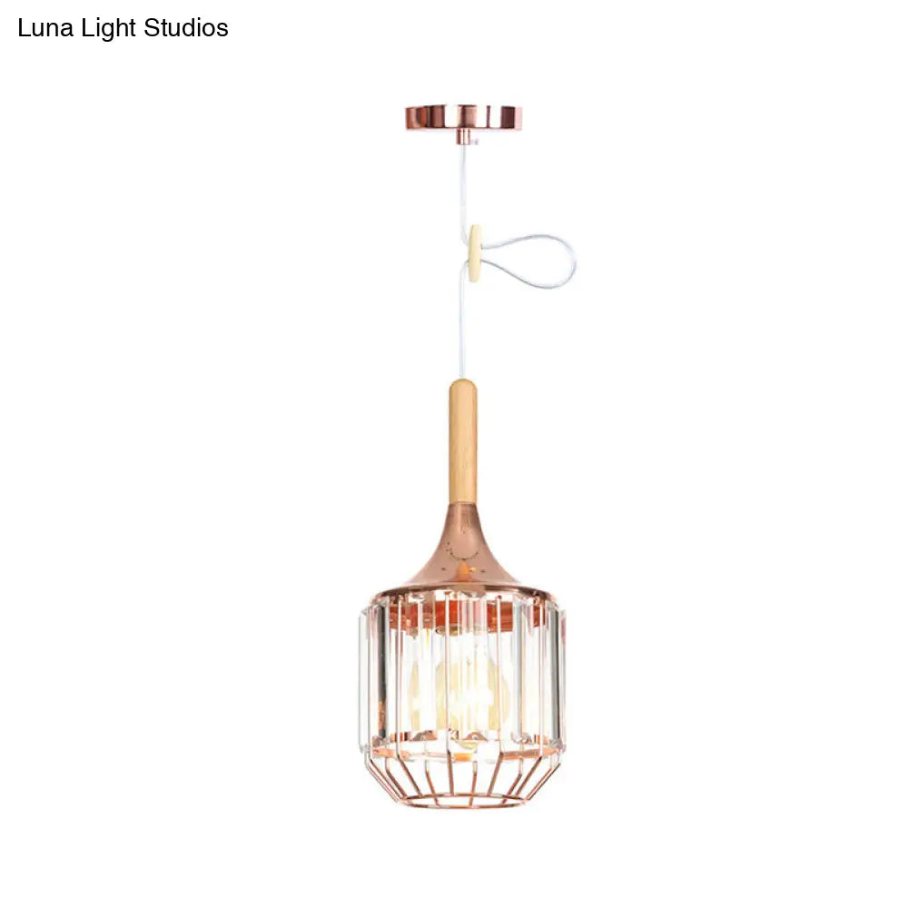 Drum Ceiling Pendant - Rose Gold & Metal Cage; Modern 1 Light Hanging For Corridor