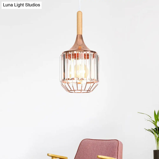 Modern Rose Gold Drum Pendant Light With Metal Cage For Corridor