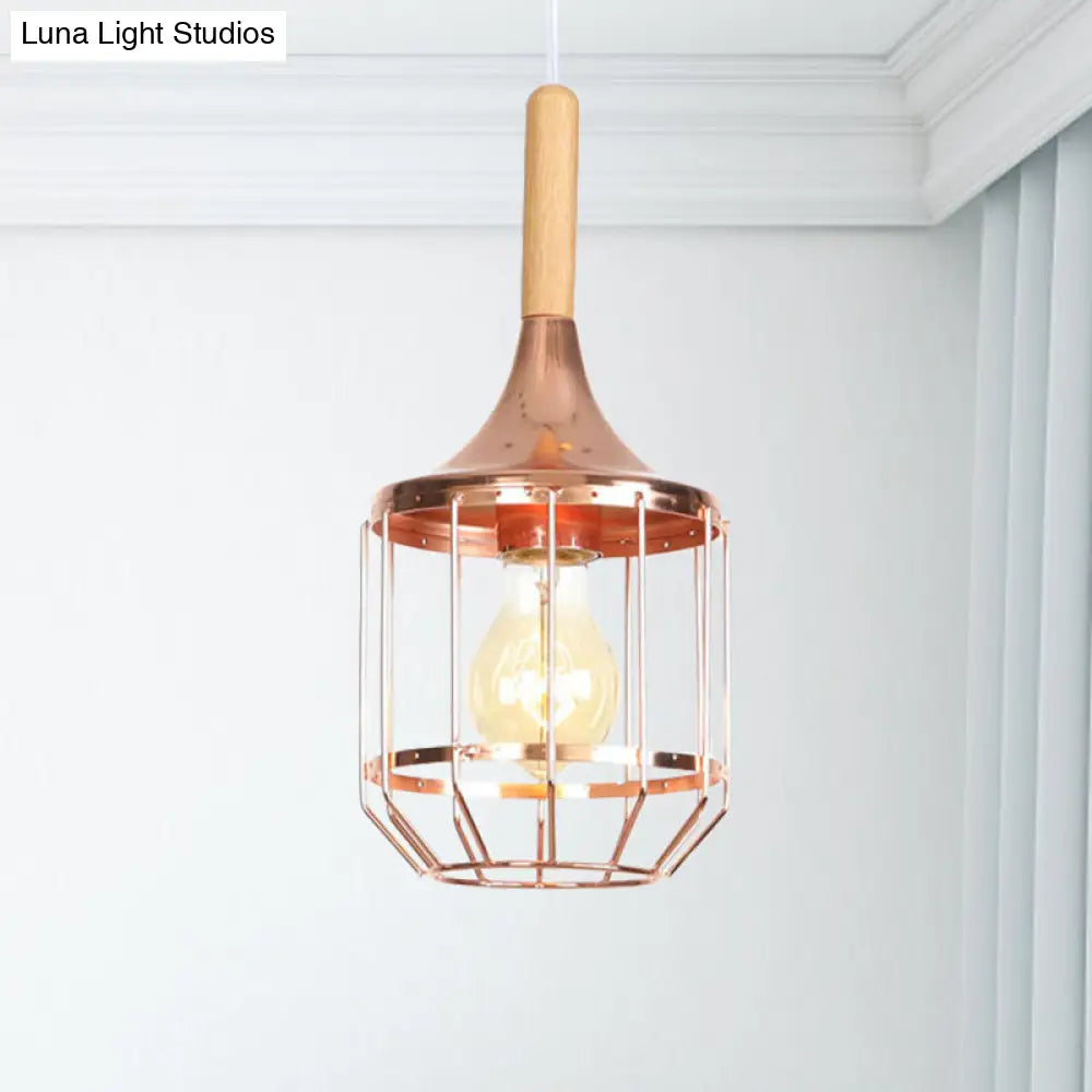 Modern Rose Gold Drum Pendant Light With Metal Cage For Corridor