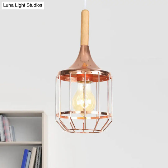 Drum Ceiling Pendant - Rose Gold & Metal Cage; Modern 1 Light Hanging For Corridor Copper / Without