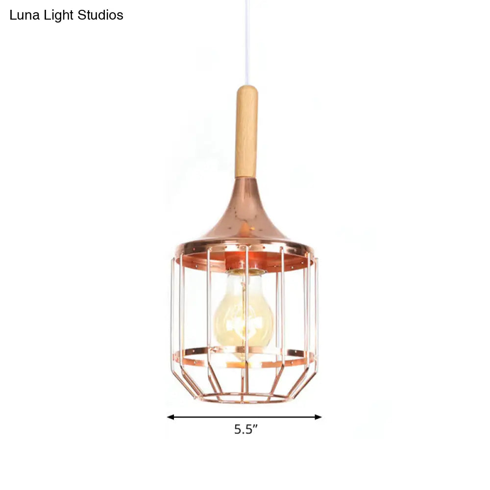 Modern Rose Gold Drum Pendant Light With Metal Cage For Corridor