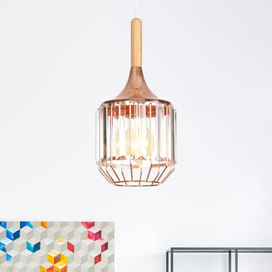 Modern Rose Gold Drum Pendant Light With Metal Cage For Corridor Copper / Crystal