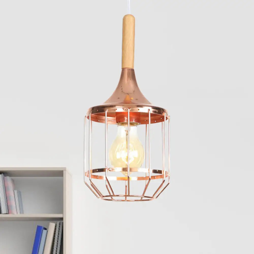 Modern Rose Gold Drum Pendant Light With Metal Cage For Corridor Copper / Without Crystal
