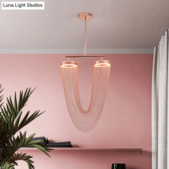 Rose Gold V-Shaped Chain Fringe Pendant Led Ceiling Light For Modern Vogue Loft House