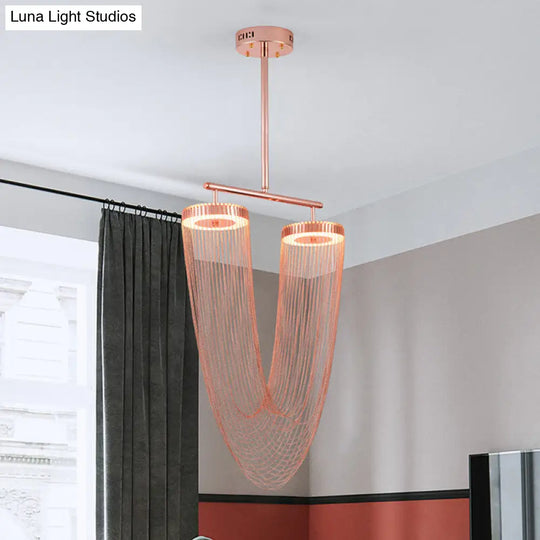 Rose Gold V-Shaped Chain Fringe Pendant Led Ceiling Light For Modern Vogue Loft House