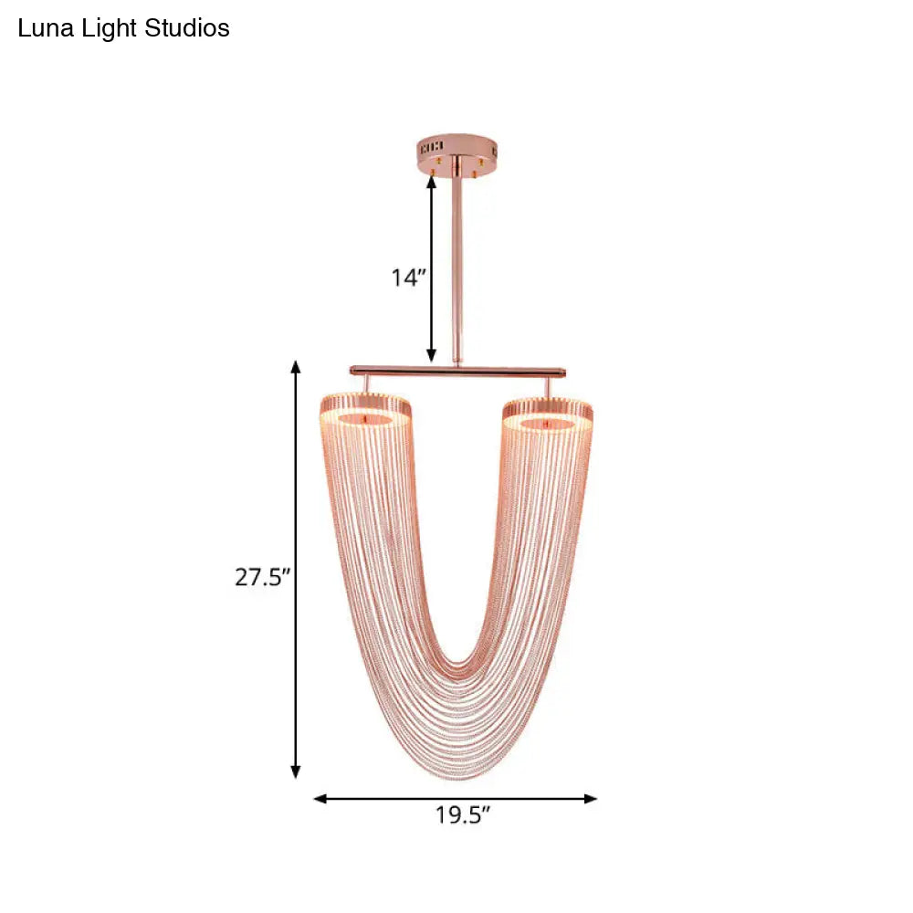 Rose Gold V-Shaped Chain Fringe Pendant Led Ceiling Light For Modern Vogue Loft House