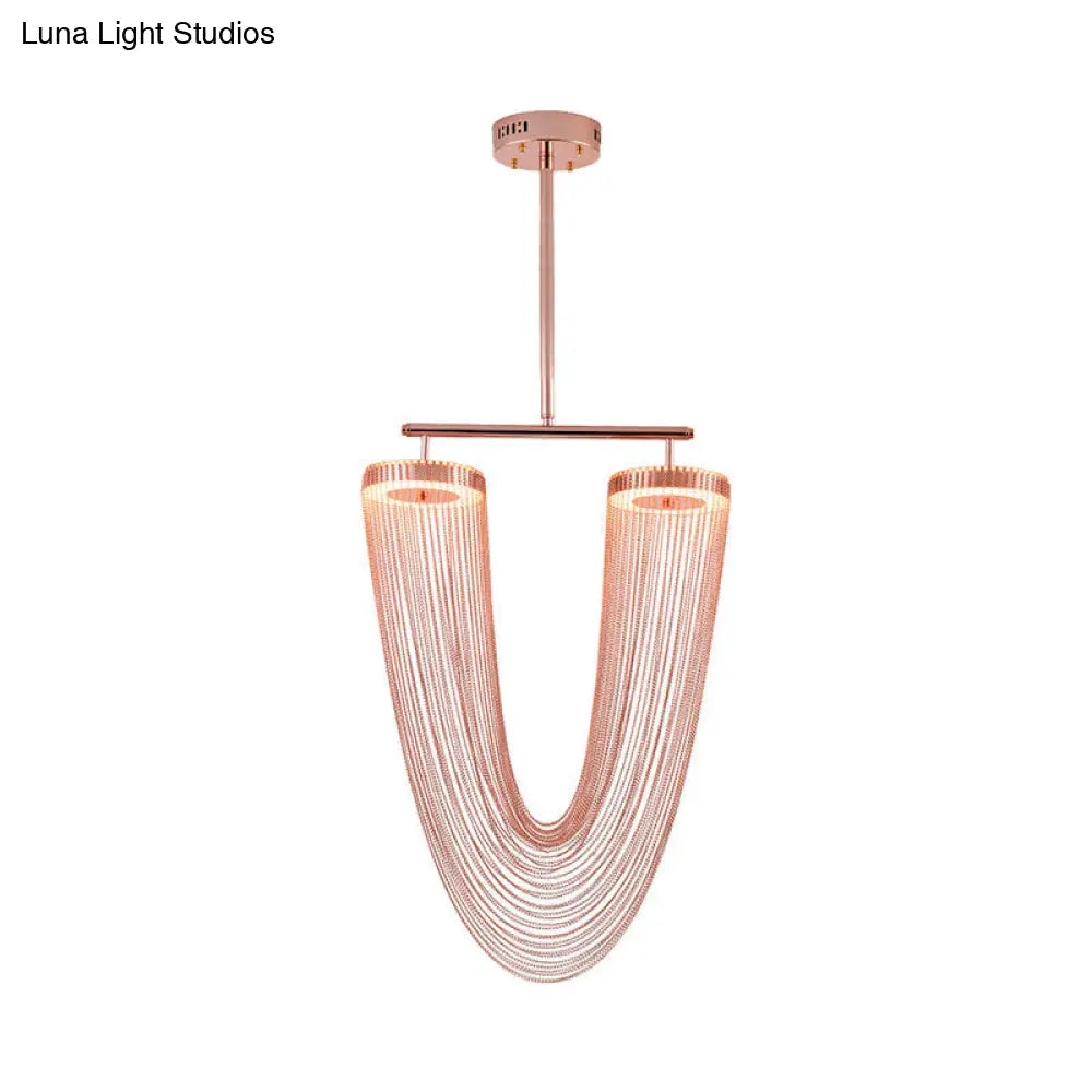 Rose Gold V-Shaped Chain Fringe Pendant Led Ceiling Light For Modern Vogue Loft House