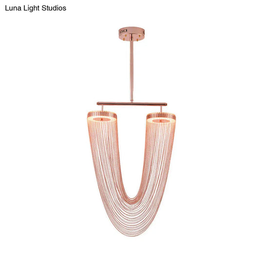 Rose Gold V-Shaped Chain Fringe Pendant Led Ceiling Light For Modern Vogue Loft House