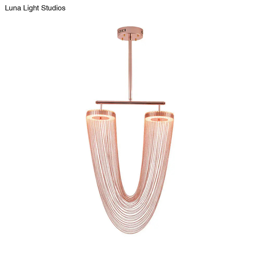 Modern Rose Gold Led Ceiling Light With Hand Braided Chain Fringe For Loft House