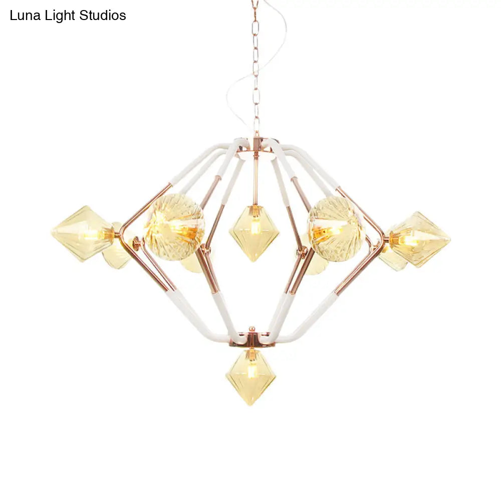 Modern Rose Gold Led Chandelier With Diamond Amber Glass Shade - 10 Lights Bedroom Lighting