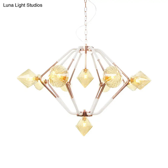 Modern Rose Gold Led Chandelier With Diamond Amber Glass Shade - 10 Lights Bedroom Lighting