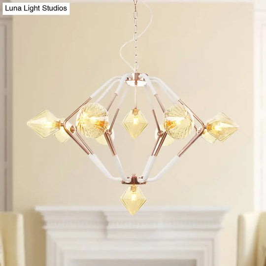 Modern Rose Gold Led Bedroom Chandelier With Diamond Glass Shade - 10-Light Hanging Ceiling Lamp