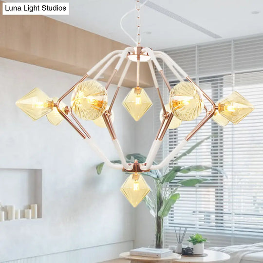 Modern Rose Gold Led Chandelier With Diamond Amber Glass Shade - 10 Lights Bedroom Lighting