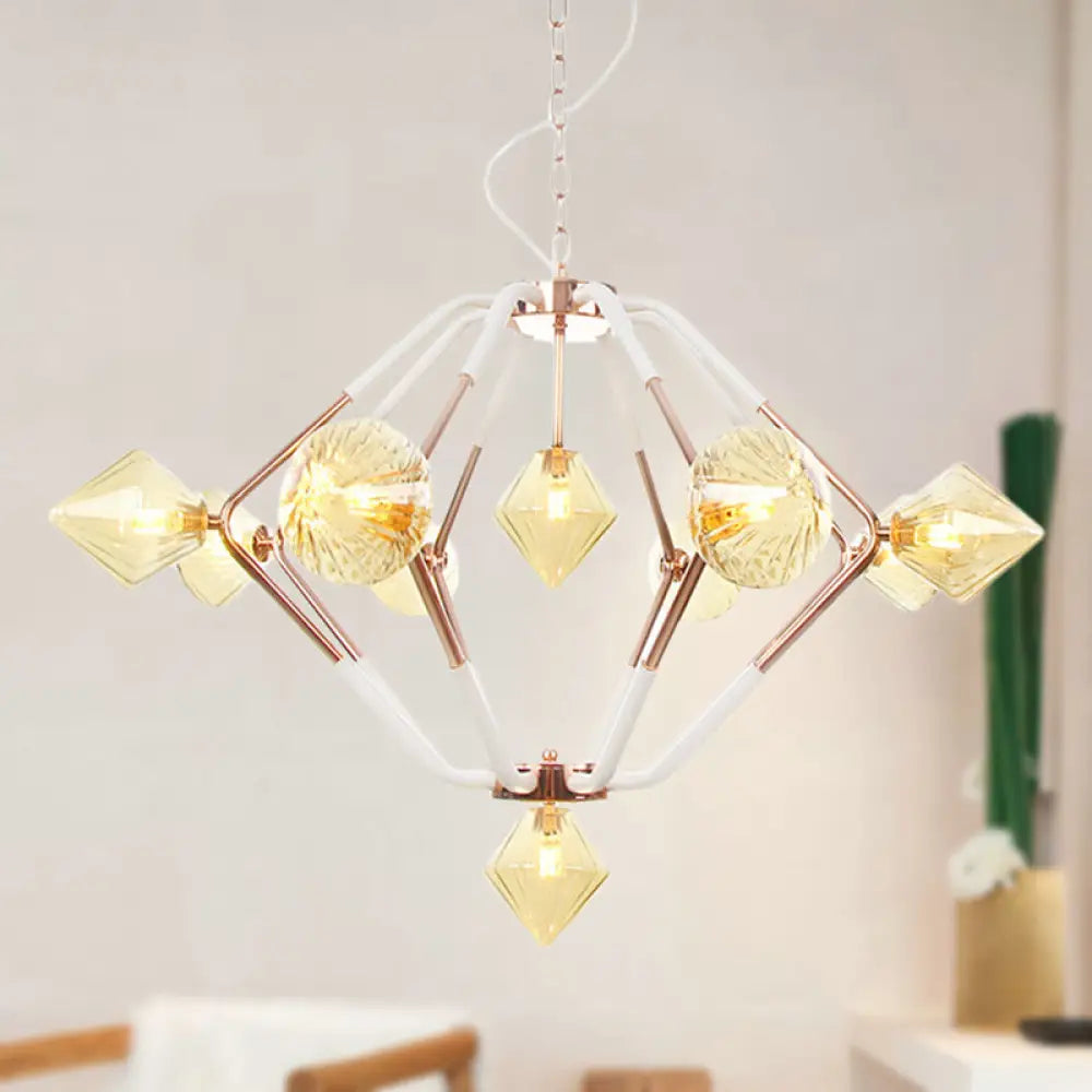 Modern Rose Gold Led Chandelier With Diamond Amber Glass Shade - 10 Lights Bedroom Lighting