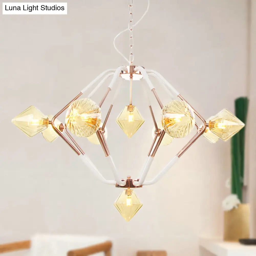 Modern Rose Gold Led Bedroom Chandelier With Diamond Glass Shade - 10-Light Hanging Ceiling Lamp