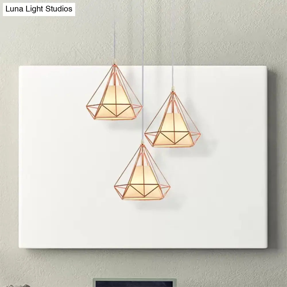 Rose Gold Wire Frame Pendant Lamp With Modern Style Design - 3 Bulbs Fabric And Metal Linear/Round