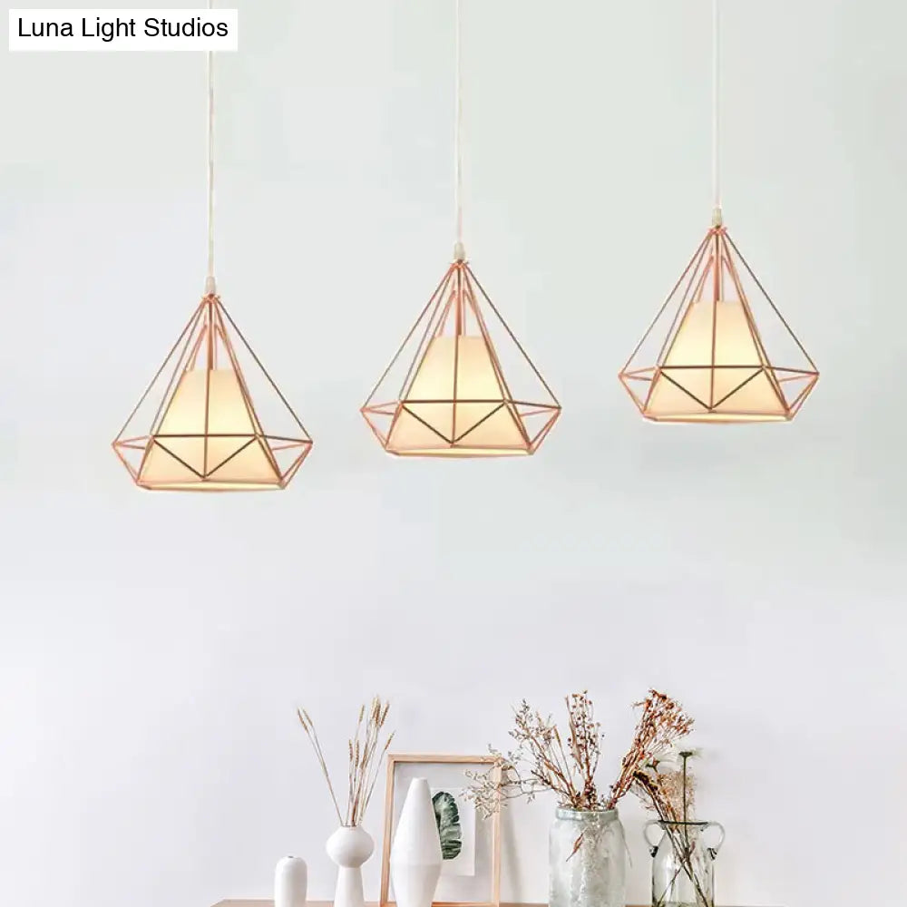 Rose Gold Wire Frame Pendant Lamp With Modern Style Design - 3 Bulbs Fabric And Metal Linear/Round